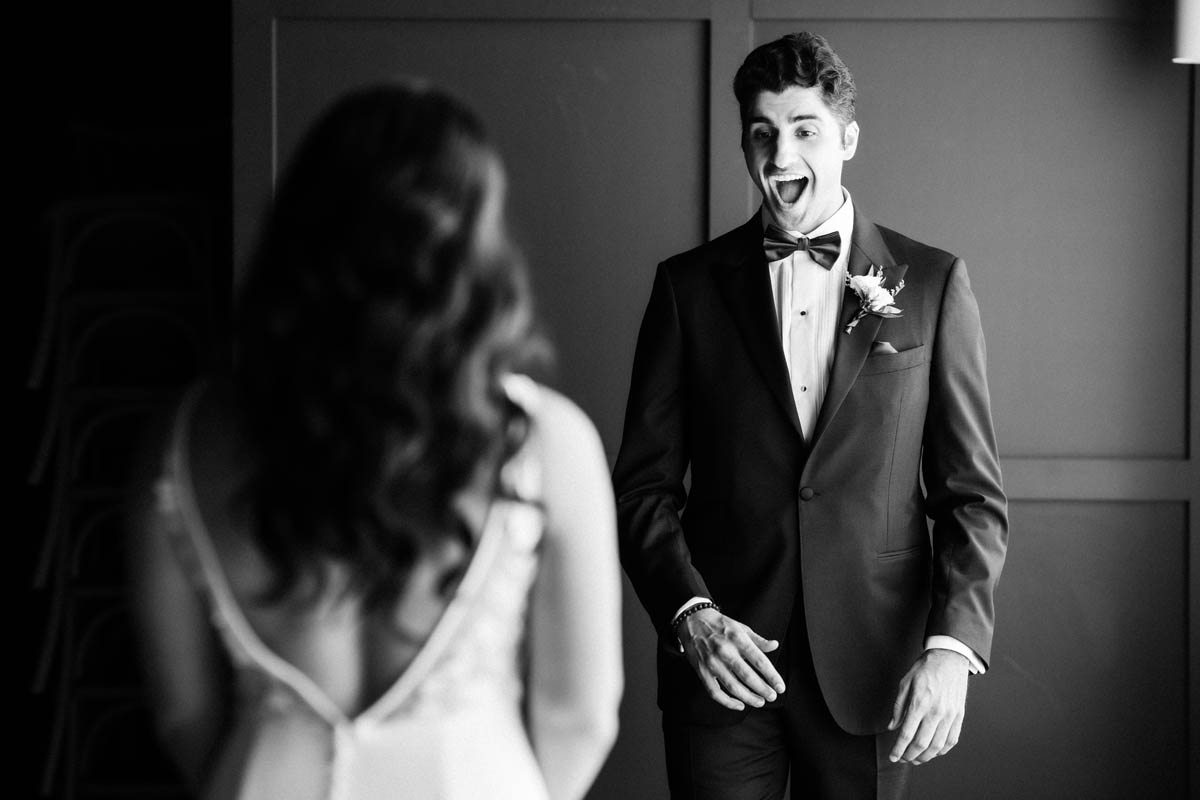 First look between bride and groom at Walden